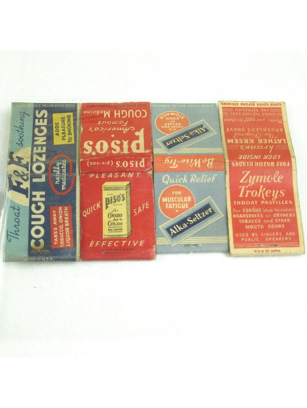 4 Vintage Matchbook Covers F&F Cough, Piso's Cough, Alka-Seltzer, Zymole Trokeys